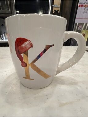 White Ceramic Mug with Gold Letter K and Red Accent